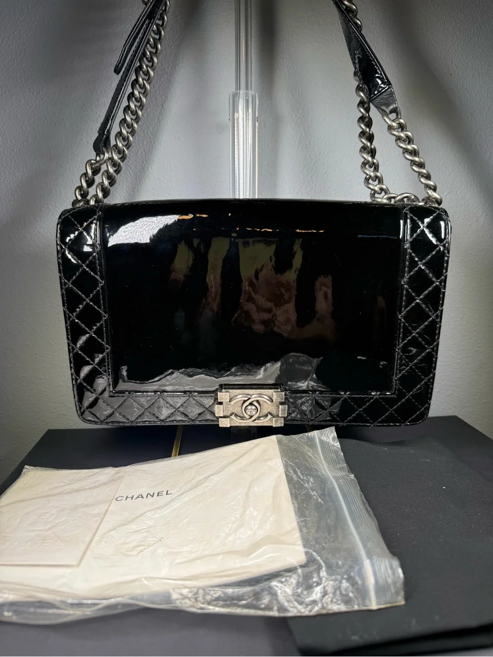 CHANEL Black Patent Leather Quilted Chain Boy Shoulder Bag with Silver Hardware